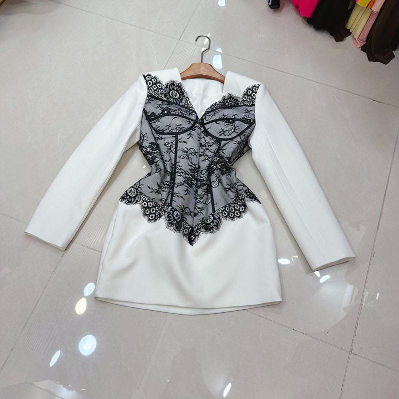 Thirteen Rows Australian niche waist cinched V-neck single breasted lace patchwork fit suit dress short A2 # 8520 Thirteen Rows Australian niche waist cinched V-neck single breasted lace patchwork fit suit dress short A2 # 8520