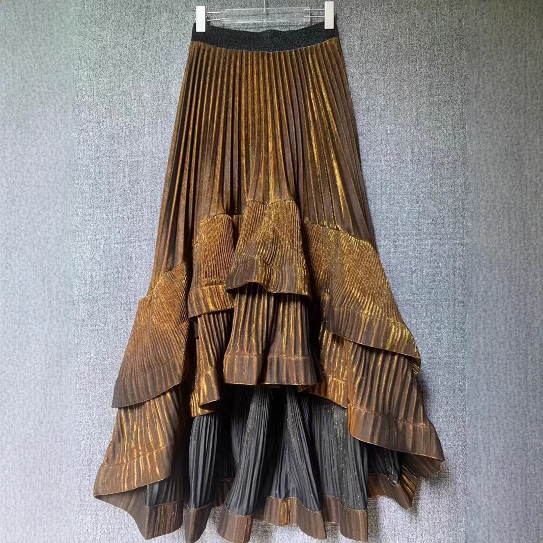 Thirteen line glossy elegant irregular splicing hundred fold skirt with high-end feel, large swing long skirt, half body skirt A3 # 8904 Thirteen line glossy elegant irregular splicing hundred fold skirt with high-end feel, large swing long skirt, half body skirt A3 # 8904