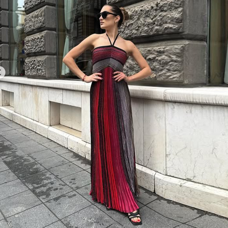 European and American Cross border Vacation Style Long Dress 2025 New Fashionable Hanging Neck, strapless Sleeveless, backless Long Dress for Women Summer