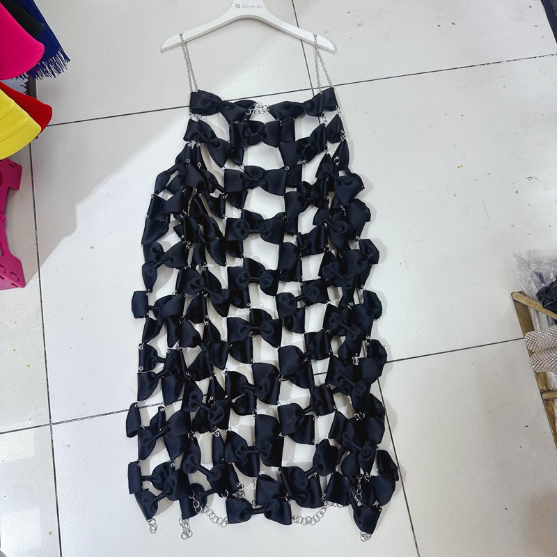 Thirteen lines European and American style sexy hollow chain suspender bow loose dress perspective skirt F3 # 5028 Thirteen lines European and American style sexy hollow chain suspender bow loose dress perspective skirt F3 # 5028