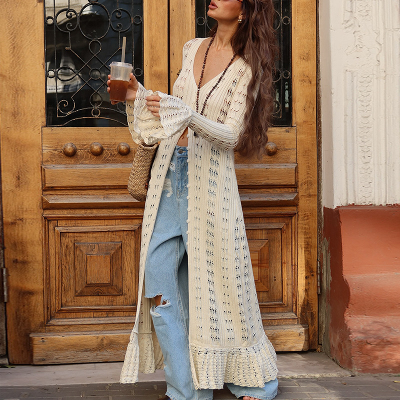 European and American cross-border sexy long jacket 2025 new solid color knitted flared sleeve design feeling slimming windbreaker women's autumn European and American cross-border sexy long jacket 2025 new solid color knitted flared sleeve design feeling slimming windbreaker women's autumn