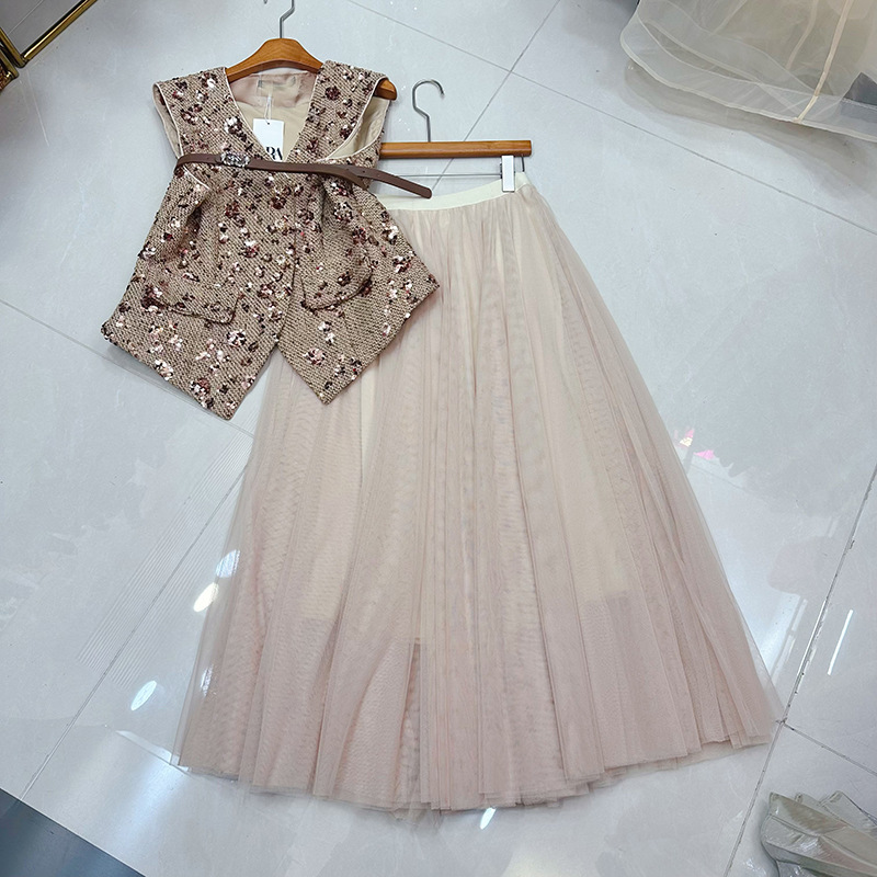 Thirteen element small fragrant style dress set, new popular item, high-end sense, vest mesh skirt two-piece set, A2 # 8566 Thirteen element small fragrant style dress set, new popular item, high-end sense, vest mesh skirt two-piece set, A2 # 8566
