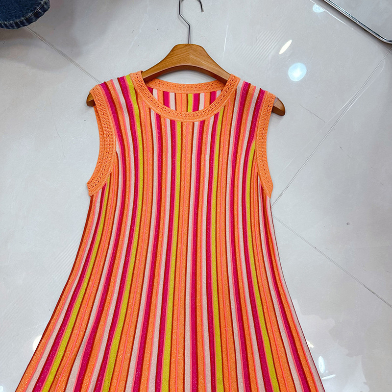Thirteen Rows Nanyou High end Round Neck Sleeveless Slimming Medium to Long Cross Color Striped Knitted Dress A1 # 8526 Thirteen Rows Nanyou High end Round Neck Sleeveless Slimming Medium to Long Cross Color Striped Knitted Dress A1 # 8526