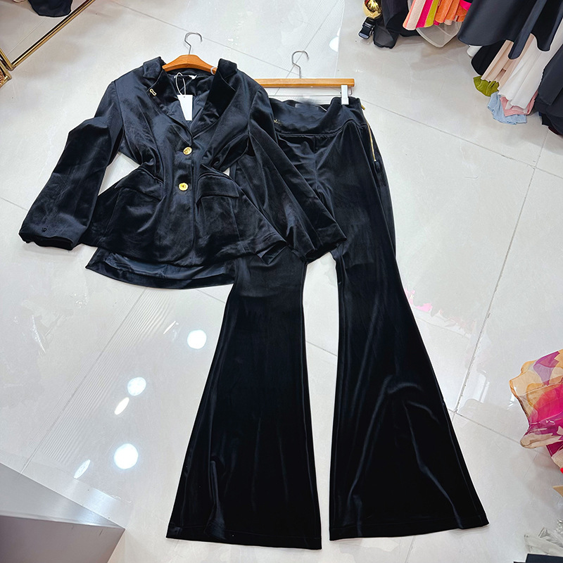 Thirteen line Australian niche velvet long sleeved lapel two button suit+high waist wide leg pants set A1 # 1052 Thirteen line Australian niche velvet long sleeved lapel two button suit+high waist wide leg pants set A1 # 1052