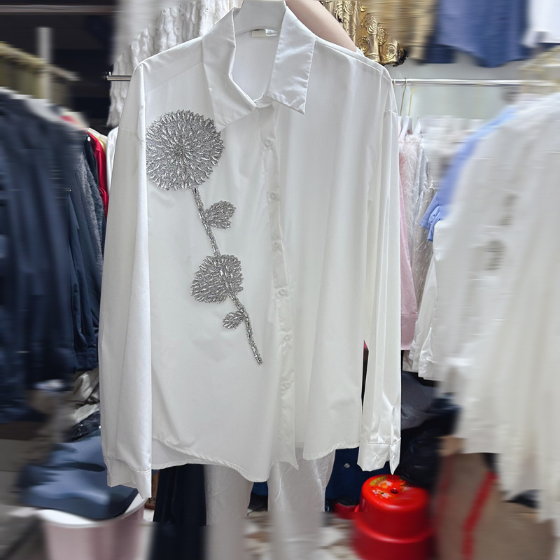 Thirteen Rows Cross border Australian Commuting Style Design with Diamond studded Casual Top Loose and Slimming Shirt A3 # 8989 Thirteen Rows Cross border Australian Commuting Style Design with Diamond studded Casual Top Loose and Slimming Shirt A3 # 8989