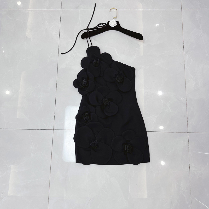 Thirteen lines French chic three-dimensional flower hanging neck tie waist cinching dress A3 # 5500 Thirteen lines French chic three-dimensional flower hanging neck tie waist cinching dress A3 # 5500