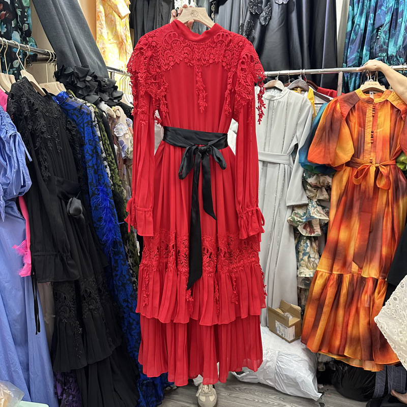 Thirteen line Australian niche round neck hollow out long sleeved lace patchwork wood ear drawstring long skirt dress A3 # 8920