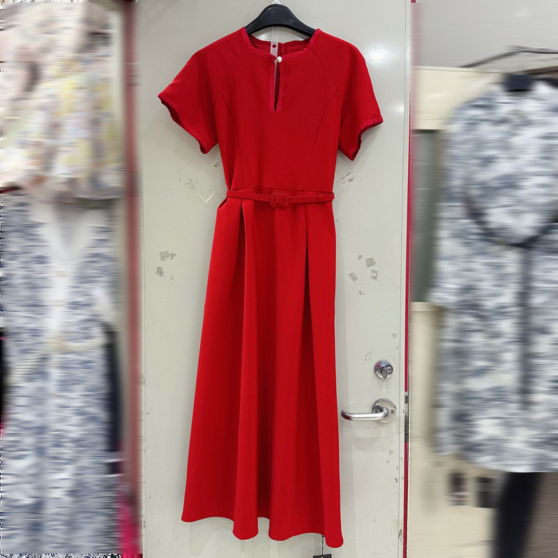 Thirteen Rows Australia's new short sleeved solid color round neck dress with temperament commuting long skirt and belt C1 # 1953 Thirteen Rows Australia's new short sleeved solid color round neck dress with temperament commuting long skirt and belt C1 # 1953