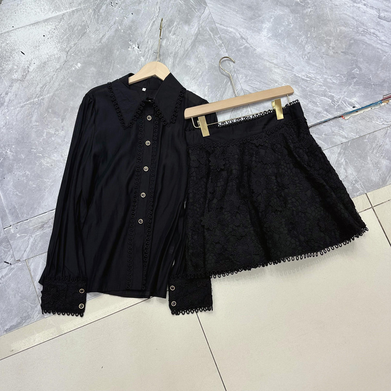 Thirteen line Australian niche overseas long sleeved shirt+embroidered crochet fringe skirt set A3 # 8800 Thirteen line Australian niche overseas long sleeved shirt+embroidered crochet fringe skirt set A3 # 8800