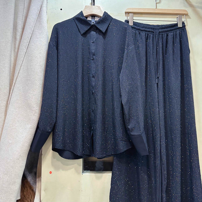 Thirteen Rows Winter New Fashionable Light Mature Heavy duty Full Diamond Shirt+Drawstring Straight Pants Set D1 # 5906 Thirteen Rows Winter New Fashionable Light Mature Heavy duty Full Diamond Shirt+Drawstring Straight Pants Set D1 # 5906