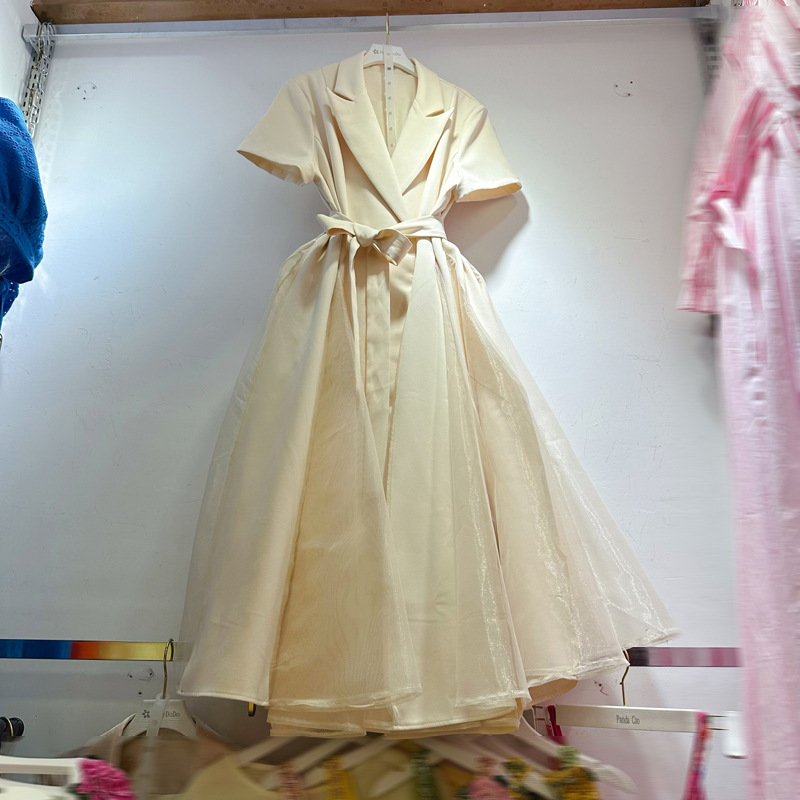 Thirteen Rows Australia's new lapel short sleeved French patchwork organza long dress with belt A2 # 8377 Thirteen Rows Australia's new lapel short sleeved French patchwork organza long dress with belt A2 # 8377