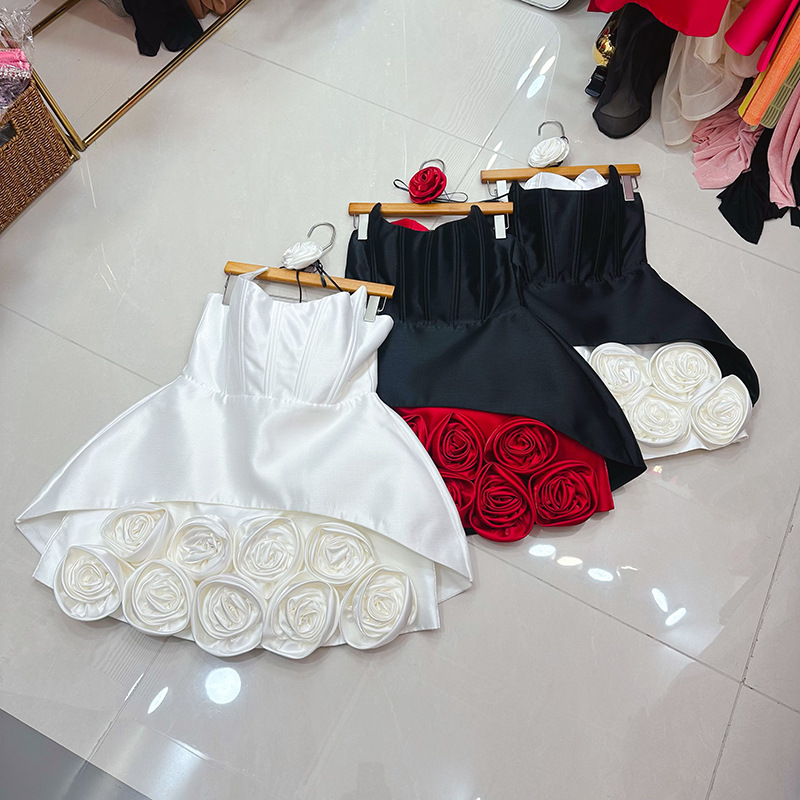 Thirteen Elements Light Luxury Banquet Vietnam Design Three Dimensional Flower Fishbone Skirt Match Dress with Flower A2 # 8586