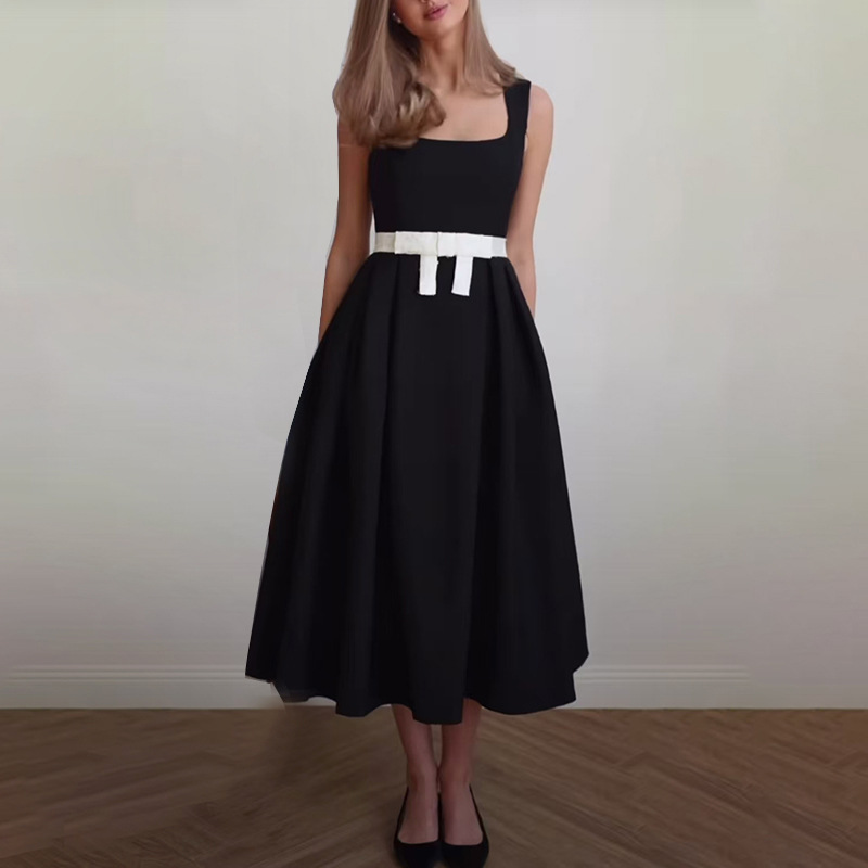 European and American cross-border casual minimalist style long dress 2025 new suspender sleeveless lace up waist cinching slimming temperament dress