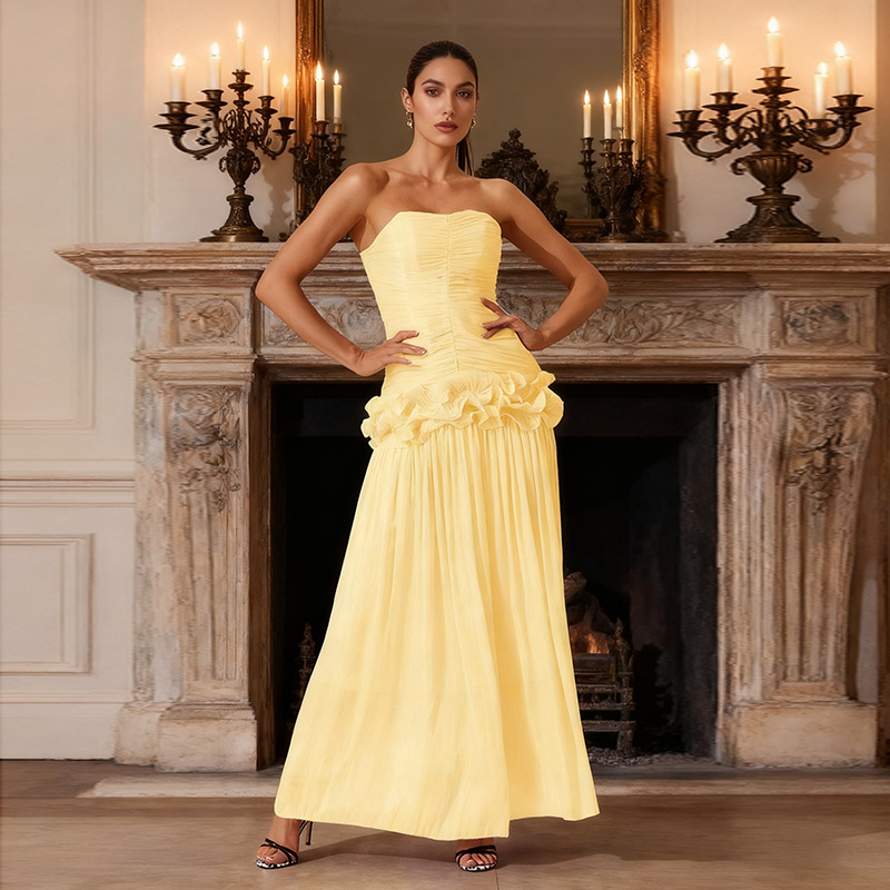 European and American socialite style sleeveless strapless long dress 2025 new sexy slim fit patchwork ruffle edge design dress for women