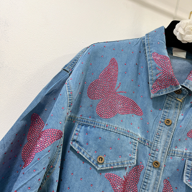 Thirteen Rows Cross border Foreign Trade Heavy Industry Hot Diamond Butterfly Short sleeved Shirt+Jeans Loose Straight leg Pants C1 # 1255 Thirteen Rows Cross border Foreign Trade Heavy Industry Hot Diamond Butterfly Short sleeved Shirt+Jeans Loose Straight leg Pants C1 # 1255