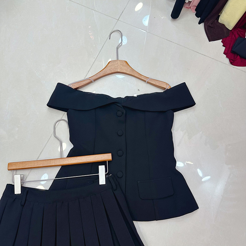 Thirteen line Australian niche lapel one shoulder sleeveless suit jacket+pleated skirt set A2 # 8537 Thirteen line Australian niche lapel one shoulder sleeveless suit jacket+pleated skirt set A2 # 8537