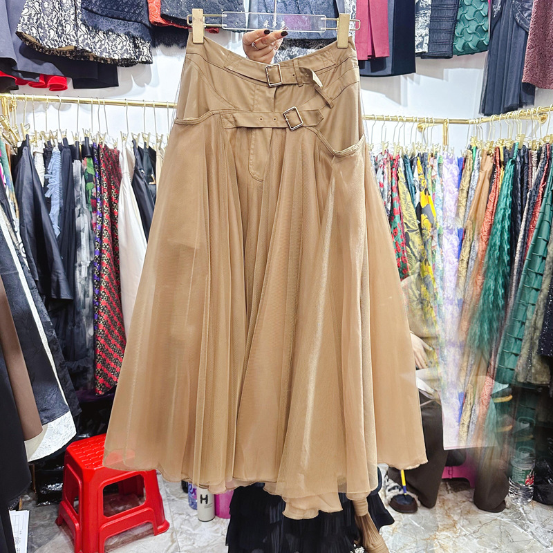 Thirteen line European and American skirt new high waisted khaki half skirt temperament fashionable mesh skirt irregular D1 # 6500