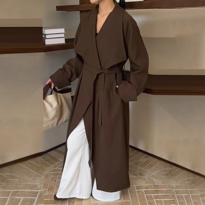 Korean style high-end windbreaker jacket 2025 autumn new versatile solid color lace up loose medium long coat