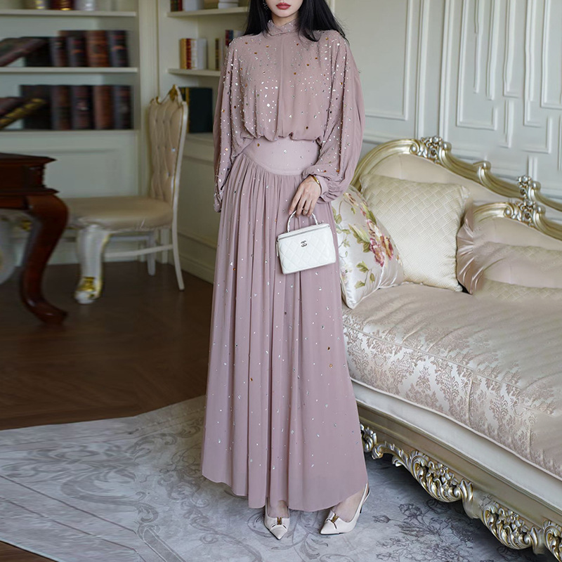 French gentle style dress set 2025 new high-end mid neck long sleeved rhinestone top+waist cinching slimming long skirt