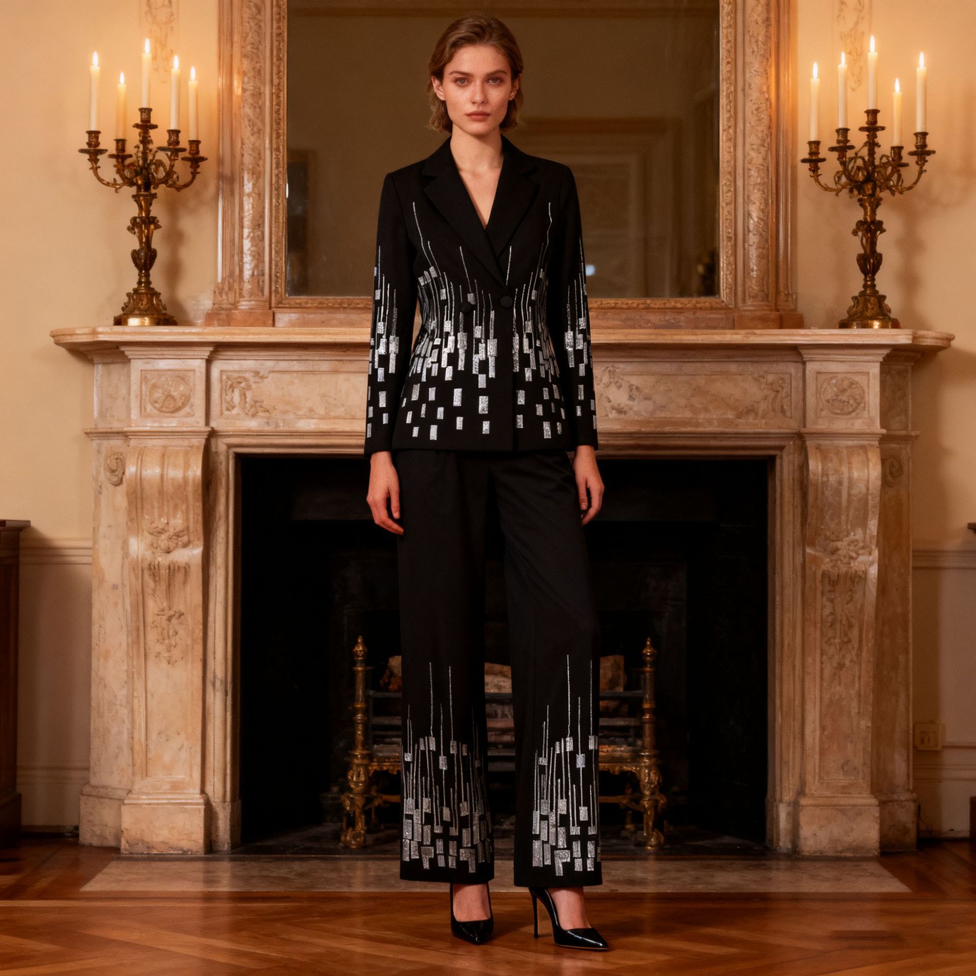 French heavy industry high-end two-piece set 2025 new sequined V-neck silhouette small suit+straight leg pants set for women