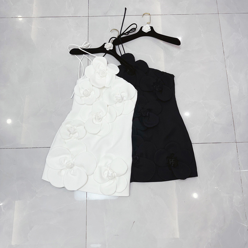 Thirteen lines French chic three-dimensional flower hanging neck tie waist cinching dress A3 # 5500