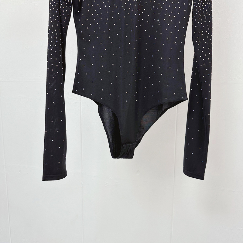 Thirteen line European style full body hot stamping diamond pleated high neck niche slim fit elastic long sleeved hip hugging jumpsuit Q1 # 5781 Thirteen line European style full body hot stamping diamond pleated high neck niche slim fit elastic long sleeved hip hugging jumpsuit Q1 # 5781