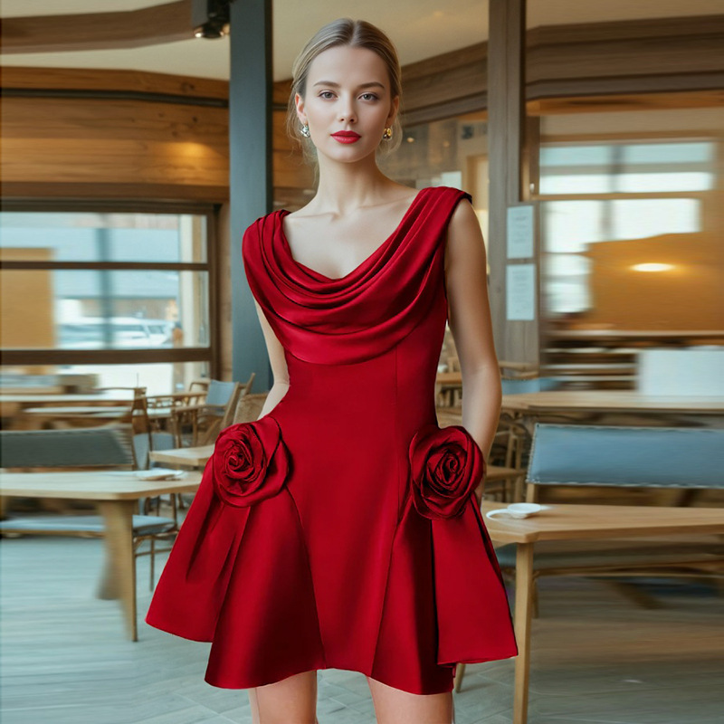 French elegant style high waisted three-dimensional flower short skirt 2025 new style swing collar sleeveless design solid color retro dress