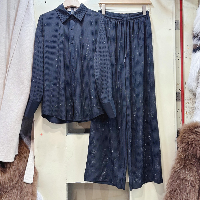 Thirteen Rows Winter New Fashionable Light Mature Heavy duty Full Diamond Shirt+Drawstring Straight Pants Set D1 # 5906 Thirteen Rows Winter New Fashionable Light Mature Heavy duty Full Diamond Shirt+Drawstring Straight Pants Set D1 # 5906