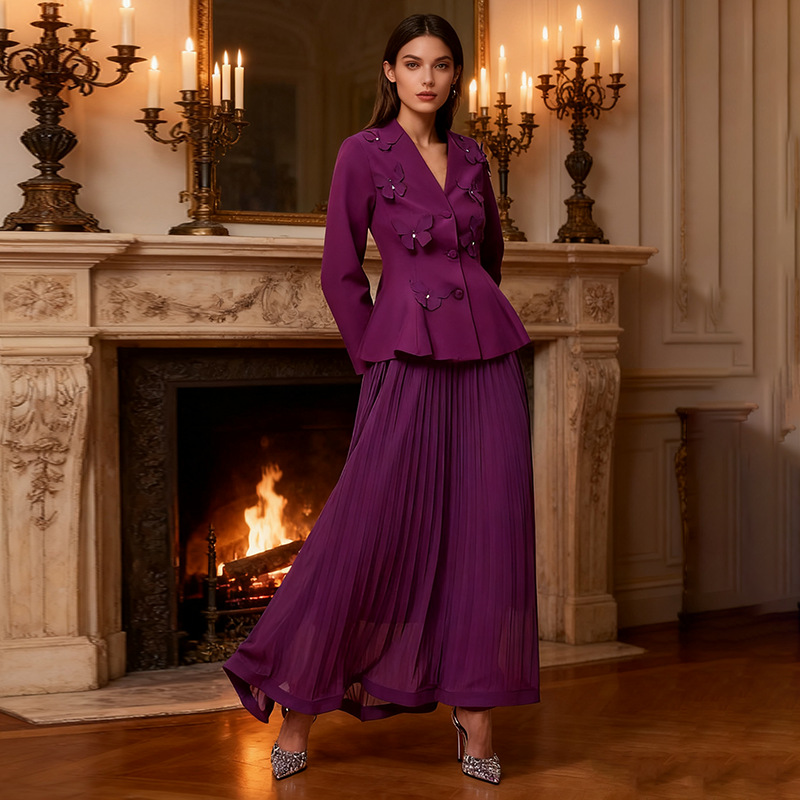 Elegant and elegant socialite style set, 2025 autumn new butterfly suit jacket+high waisted pleated skirt for women