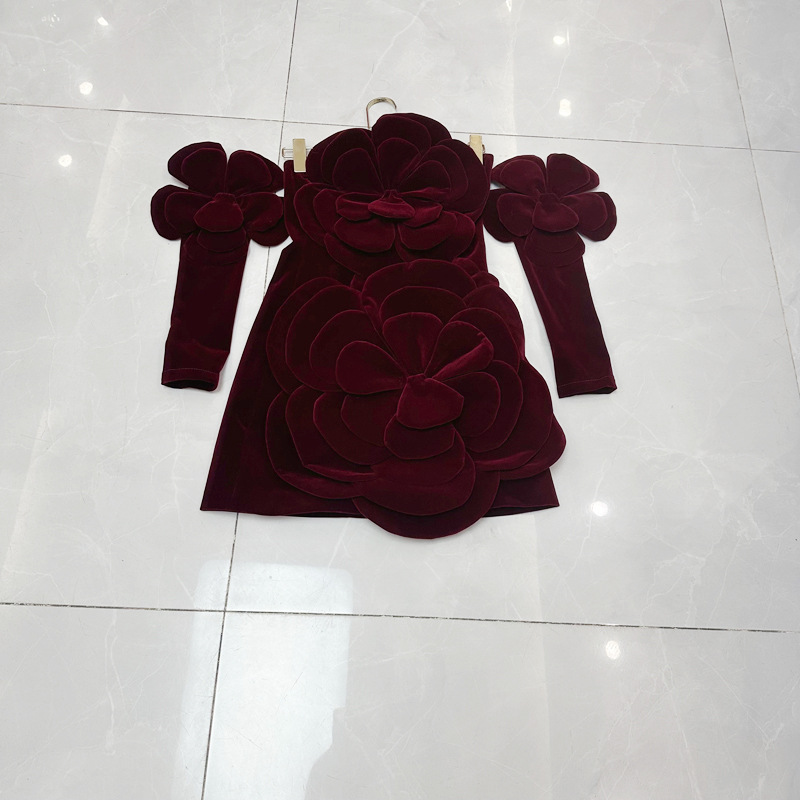 Thirteen line French niche heavy industry velvet three-dimensional flower strapless dress dress+flower gloves A3 # 8776