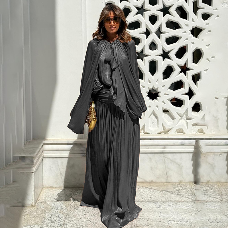 2025 New Fashionable French Style Seaside Vacation Long Skirt with High Grade Bubble Long Sleeve Dress for Women's Summer Trend