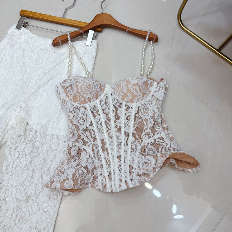 Thirteen line Australian lace embroidered fishbone pearl white camisole vest+straight leg micro flared pants set C1 # 2157 Thirteen line Australian lace embroidered fishbone pearl white camisole vest+straight leg micro flared pants set C1 # 2157