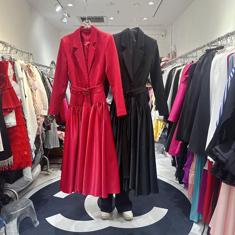 Thirteen line autumn new suit dress with one button splicing and large swing long skirt, fashionable and mature temperament S1 # 8109