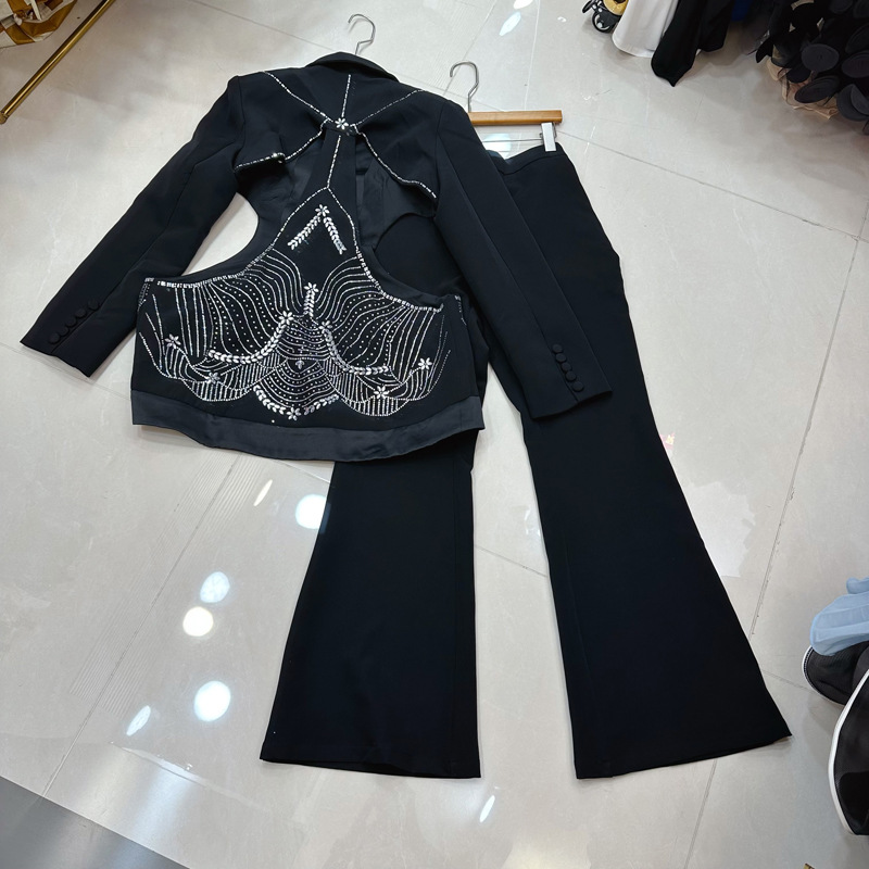 Thirteen Rows Australian niche design heavy industry hot stamping hollow waist suit+trumpet pants dance set A2 # 8389 Thirteen Rows Australian niche design heavy industry hot stamping hollow waist suit+trumpet pants dance set A2 # 8389