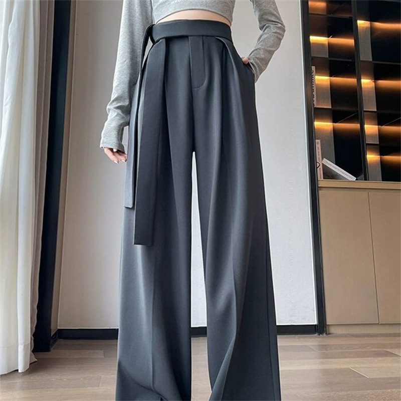 Grey high waisted lace up narrow version suit wide leg pants for women in summer, loose and casual, hanging straight leg mop pants Grey high waisted lace up narrow version suit wide leg pants for women in summer, loose and casual, hanging straight leg mop pants