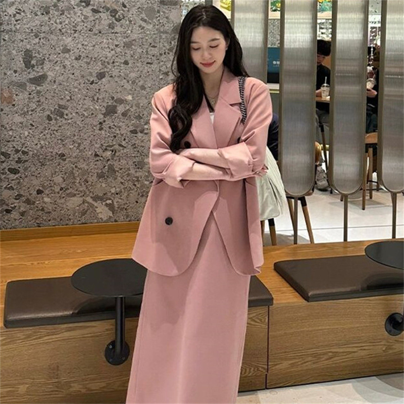 Korean version set, women's pink suit jacket, tea style outfit, half skirt, capable temperament, new two-piece Korean set Korean version set, women's pink suit jacket, tea style outfit, half skirt, capable temperament, new two-piece Korean set
