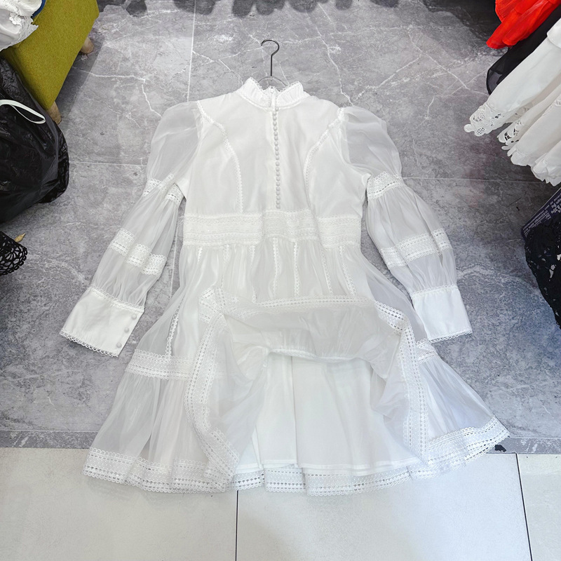 Thirteen line French elegant large swing skirt new standing collar lantern sleeves lace patchwork short skirt dress A2 # 8132 Thirteen line French elegant large swing skirt new standing collar lantern sleeves lace patchwork short skirt dress A2 # 8132