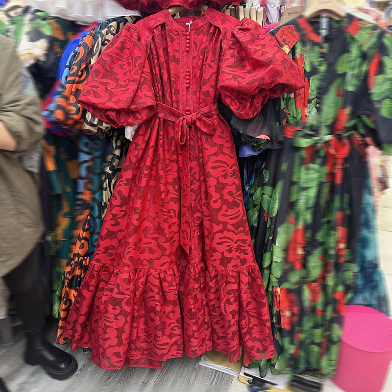 Thirteen line Thai niche loose bubble sleeve single breasted plush lace up bubble sleeve dress A3 # 8970 Thirteen line Thai niche loose bubble sleeve single breasted plush lace up bubble sleeve dress A3 # 8970