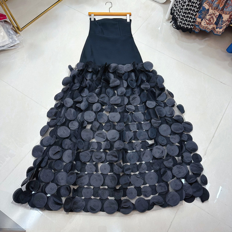 Thirteen lines new black strapless long dress with mesh arrangement for slimming effect, casual dress, formal dress A2 # 8171 Thirteen lines new black strapless long dress with mesh arrangement for slimming effect, casual dress, formal dress A2 # 8171