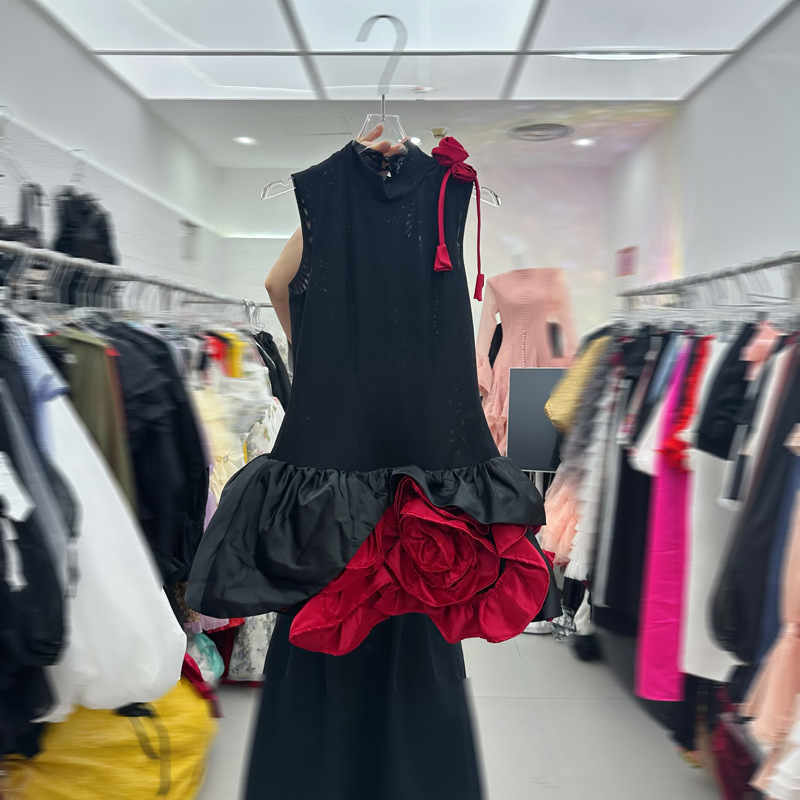 Thirteen elements retro charming socialite patchwork flower dress sleeveless birthday party pinch waist dress C1 # 2309