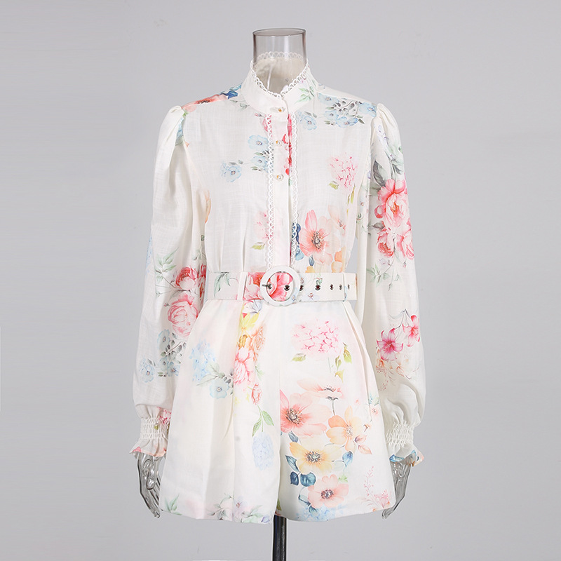 French retro countryside style two-piece set 2025 new single breasted lace shirt+fashionable belt printed shorts French retro countryside style two-piece set 2025 new single breasted lace shirt+fashionable belt printed shorts