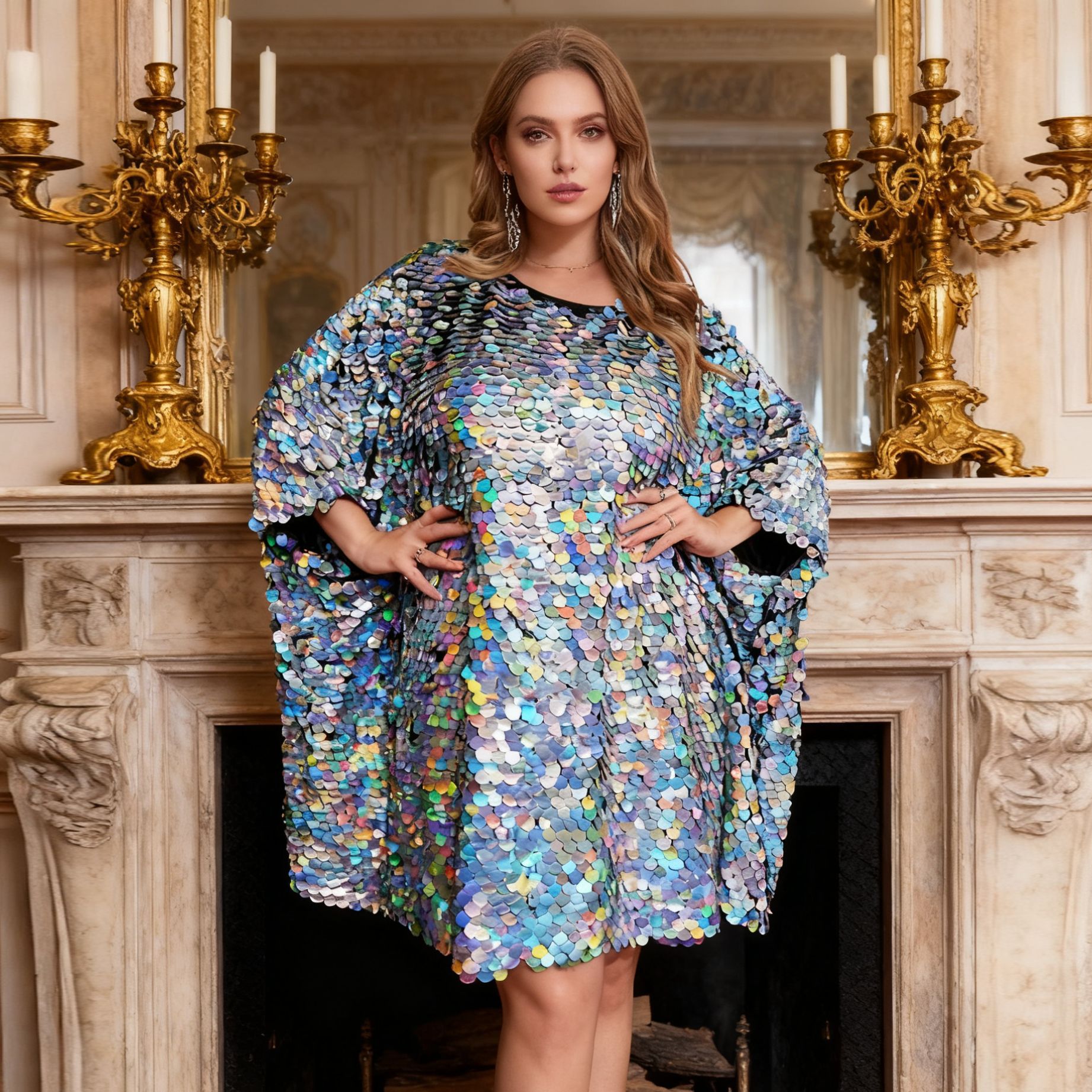 European and American cross-border loose plus size short skirt 2025 new fashion collage sequin design pullover high-end dress for women
