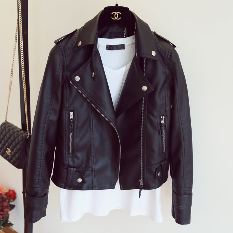 Leather jacket women's short spring and autumn PU leather jacket Korean version fashion plus size women's slim fit lapel student motorcycle leather jacket