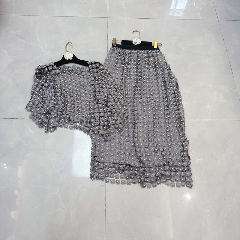 Thirteen line European and American perspective nail bead hollow water-soluble lace top+high waist skirt long skirt set A3 # 2277 Thirteen line European and American perspective nail bead hollow water-soluble lace top+high waist skirt long skirt set A3 # 2277