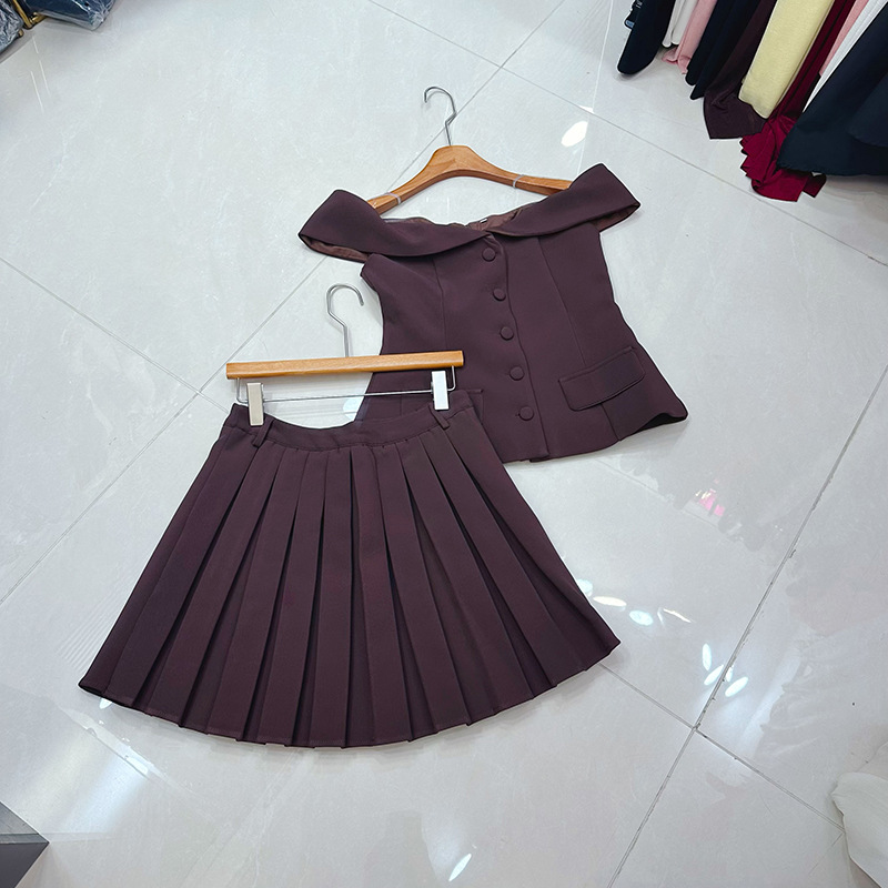 Thirteen line Australian niche lapel one shoulder sleeveless suit jacket+pleated skirt set A2 # 8537 Thirteen line Australian niche lapel one shoulder sleeveless suit jacket+pleated skirt set A2 # 8537