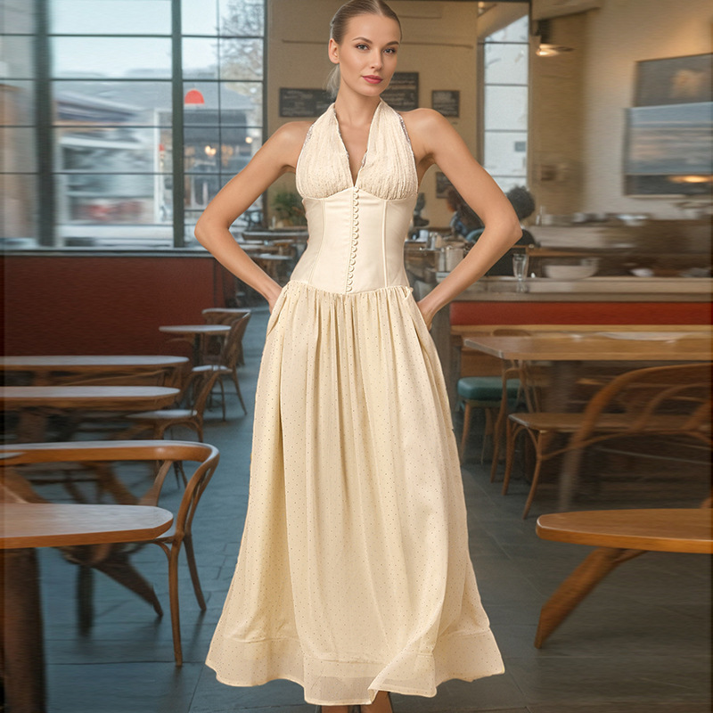 Light mature style sexy V-neck hanging neck long dress 2025 new niche waist cinching slimming long dress for women