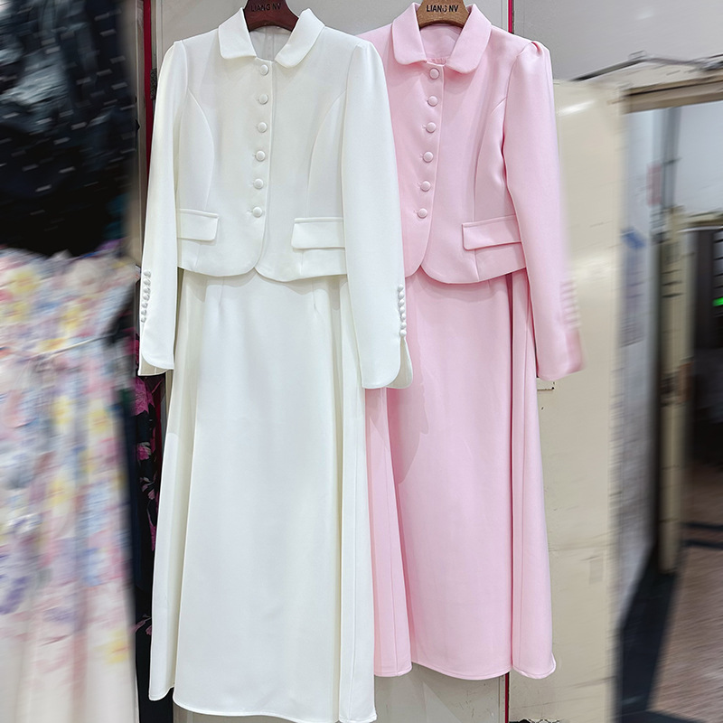 Thirteen line Australian niche white retro breasted jacket+long skirt 2-piece gentle set A2 # 1022