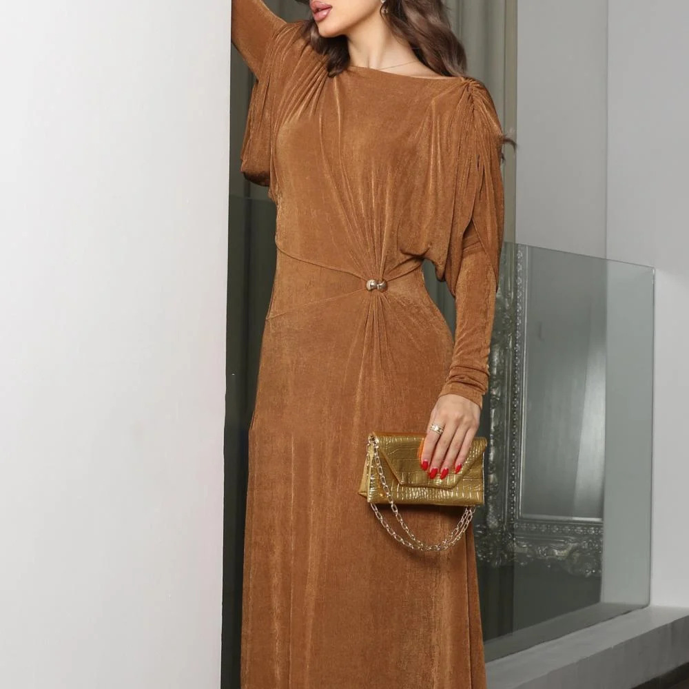 European and American style high-end dress dress 2025 new style twisted metal buckle design long sleeved solid color long dress for women