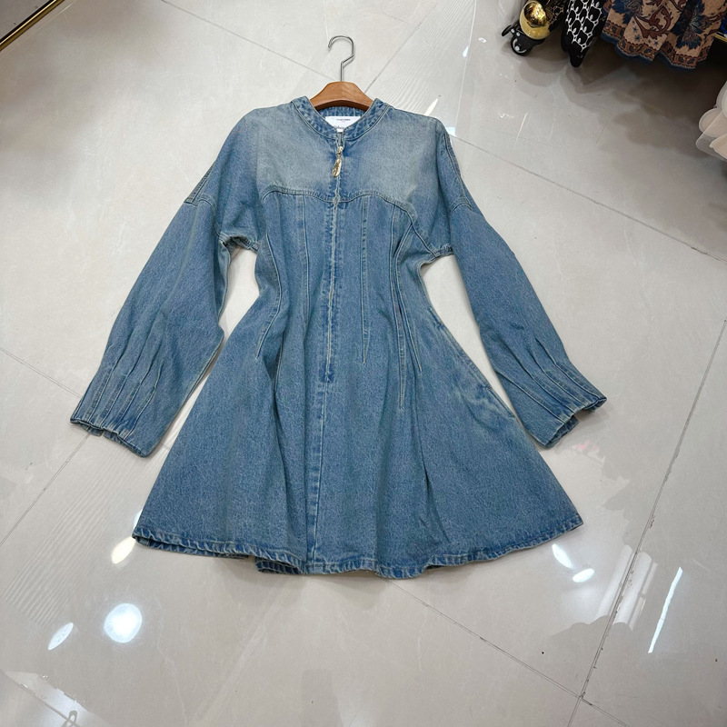 Thirteen lines of Australian niche design, niche pleated waist, fluffy long sleeved denim dress, A2 # 8353