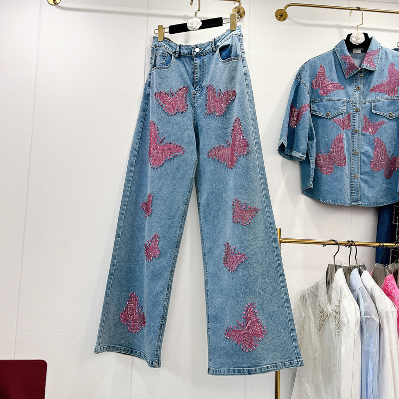 Thirteen Rows Cross border Foreign Trade Heavy Industry Hot Diamond Butterfly Short sleeved Shirt+Jeans Loose Straight leg Pants C1 # 1255 Thirteen Rows Cross border Foreign Trade Heavy Industry Hot Diamond Butterfly Short sleeved Shirt+Jeans Loose Straight leg Pants C1 # 1255